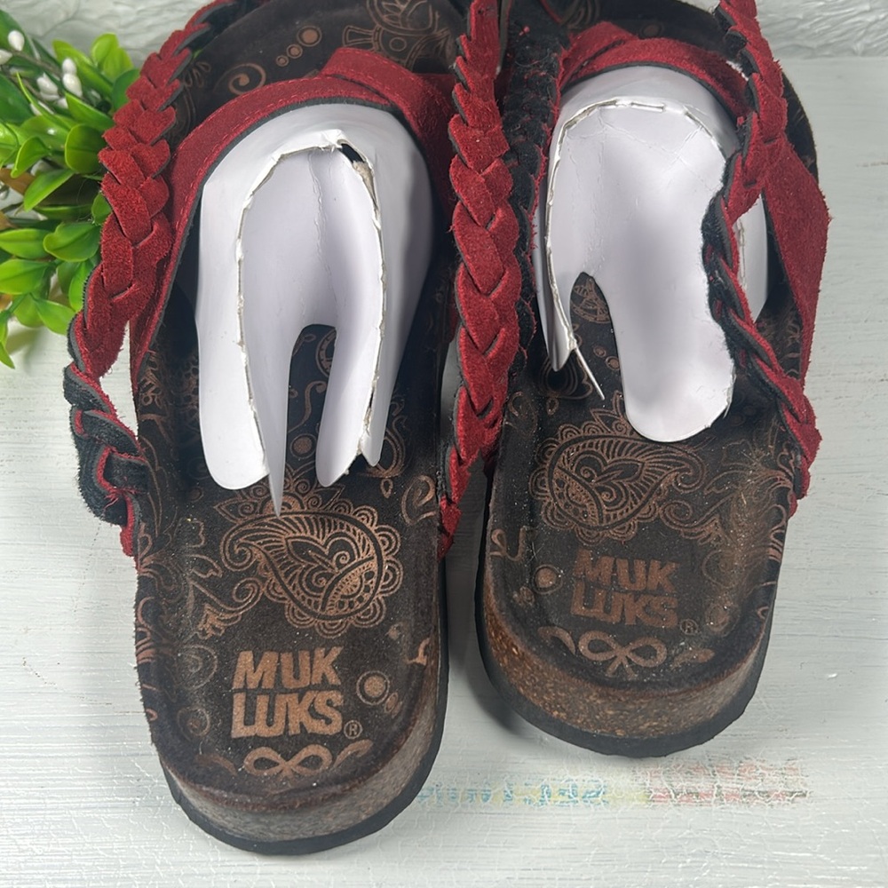 Muk Luk Ankle Wrap Toe Sandal Red Brown Cork Rubber Sole Muk Luks - Picture 4 of 10